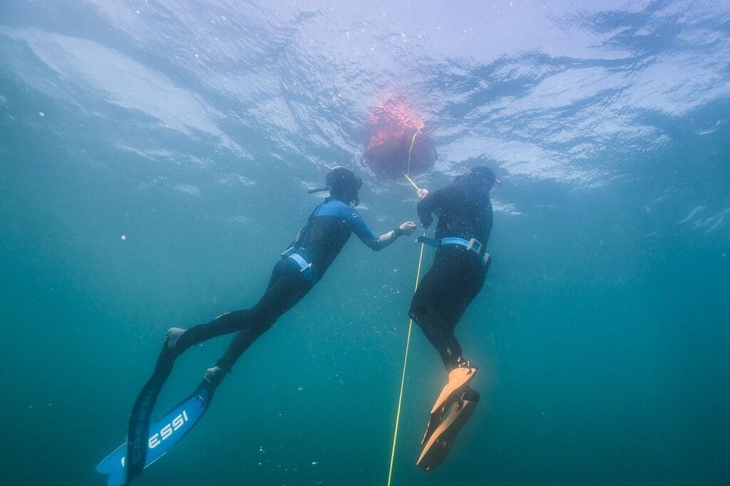 freedivers underwater holding line on the way up to the surface, close to Inishmore, aran islands