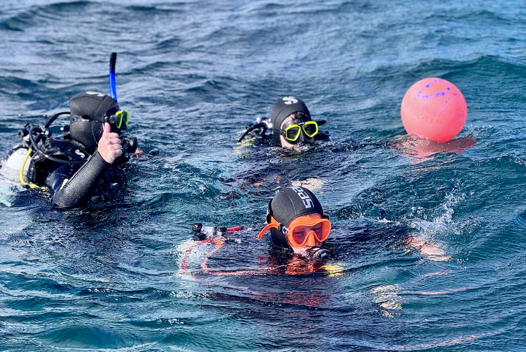 Few divers practicing rescue scenario in the water
